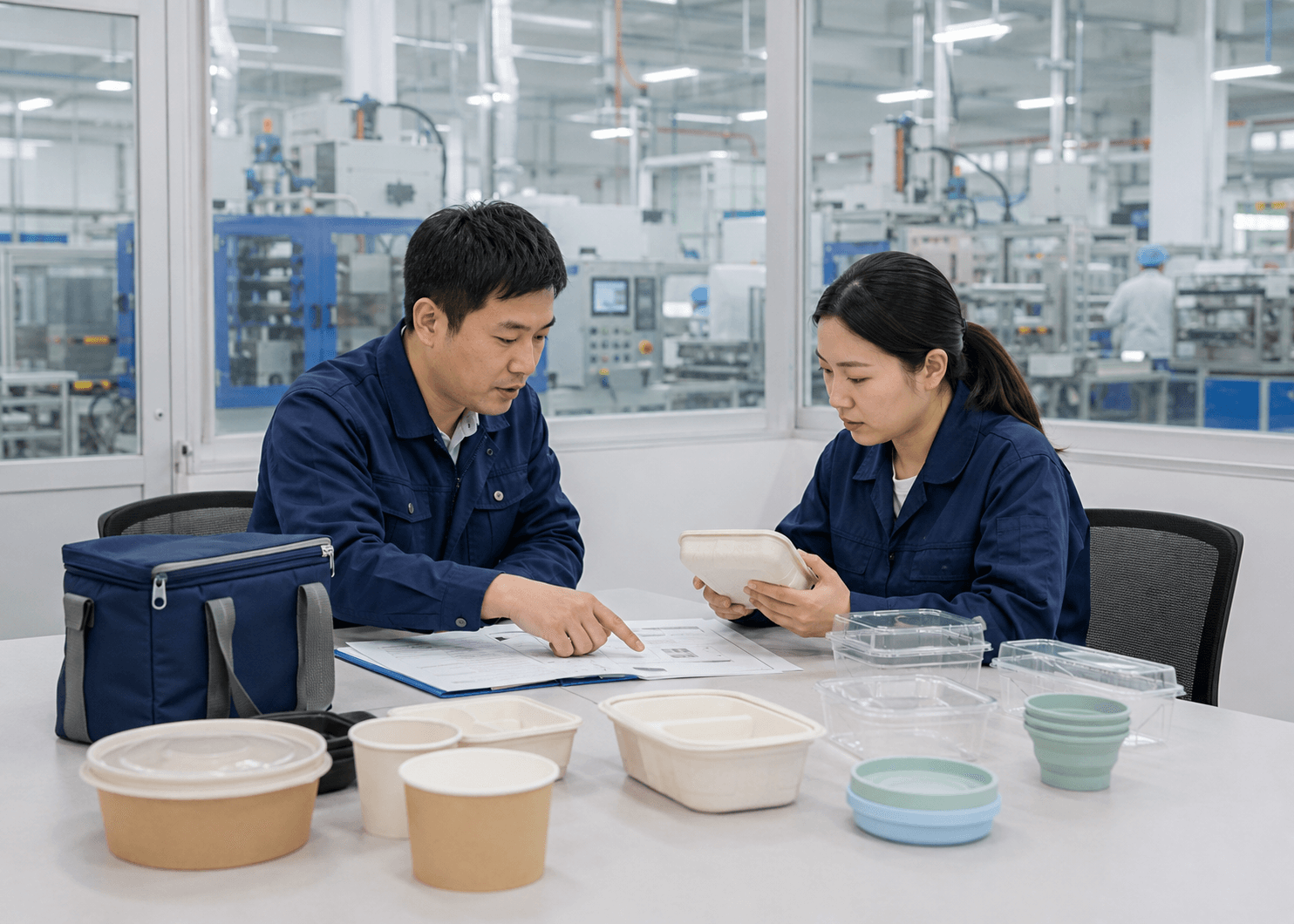 製品サンプルを確認しながら要望を整理する担当者