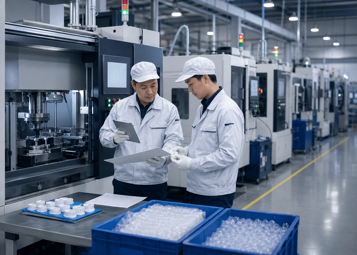 製造指示書と設備を確認する生産担当者