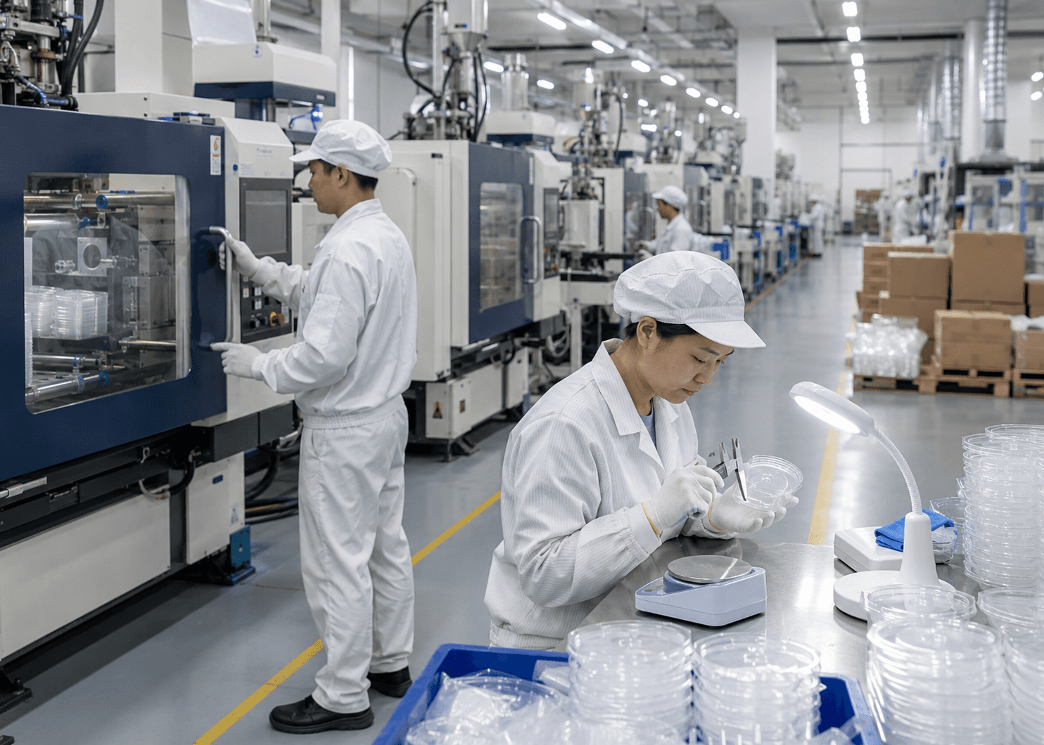 稼働中の製造設備のそばで製品を検査する担当者