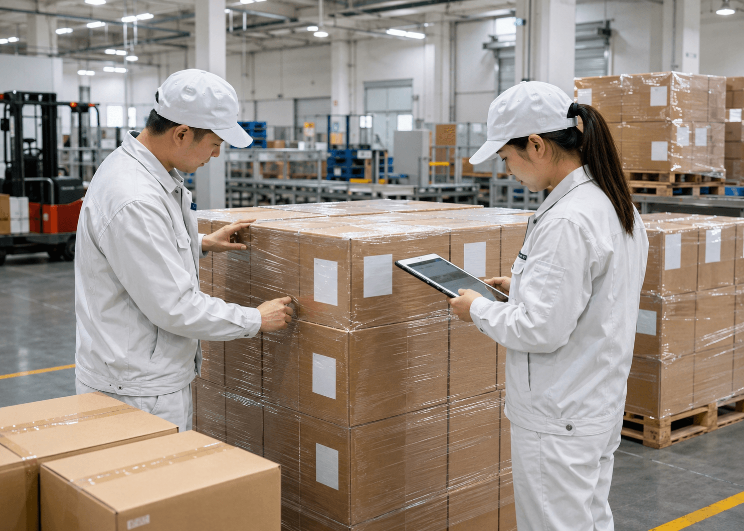 包装済み製品と出荷用外箱を確認する担当者