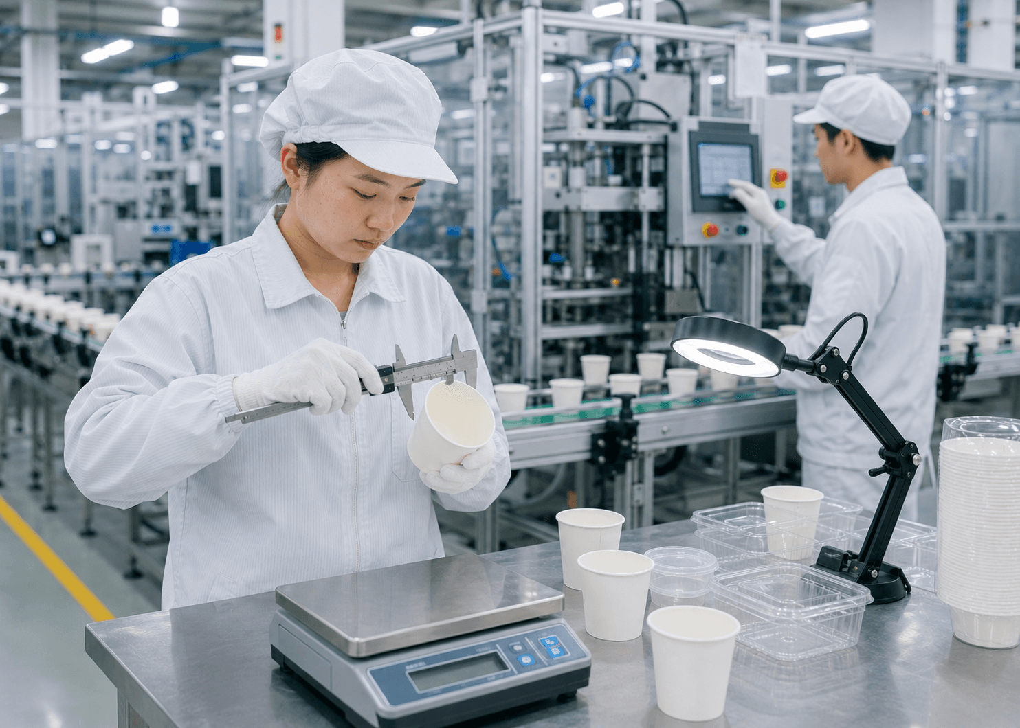 包装済み製品と出荷条件を確認する担当者