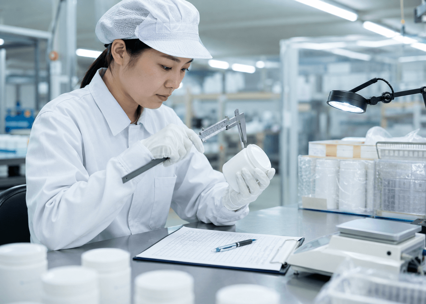 製品の外観と仕様を確認する品質管理担当者