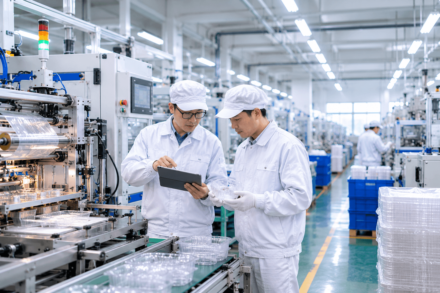 製造現場で設備と製品を確認する生産担当者