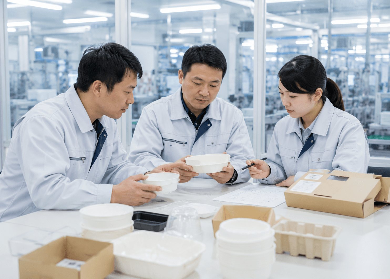 製品サンプルを囲んで仕様を確認する複数部門の担当者