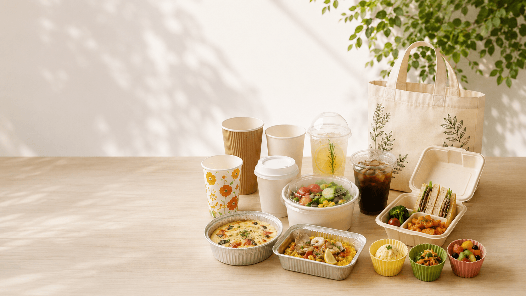紙・アルミ・プラスチック・シリコーン・保冷バッグ・木製品などの商品ラインアップ