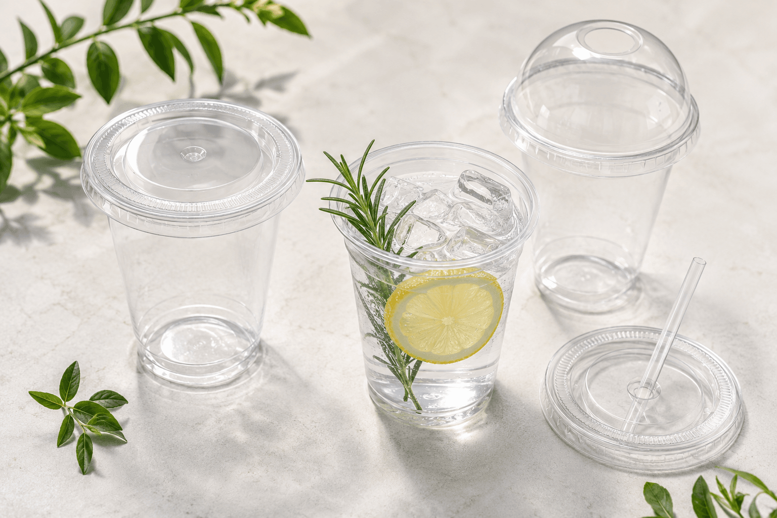 透明なプラスチック製ドリンクカップと各種リッド