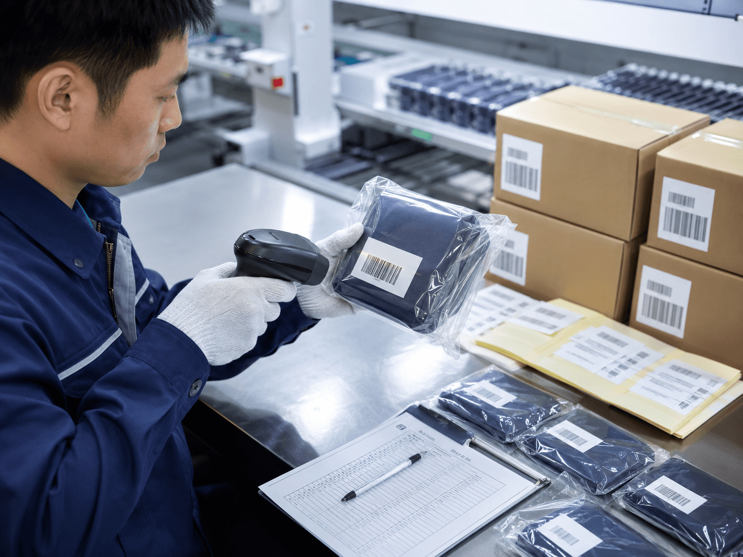 包装とラベル表示を確認する担当者