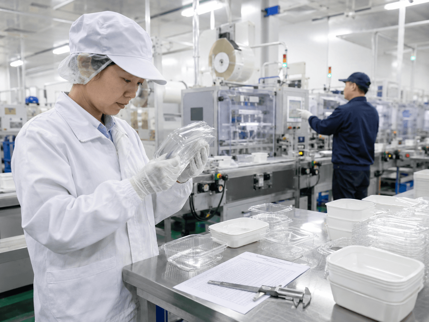 稼働中の設備のそばで製品の状態を確認する担当者