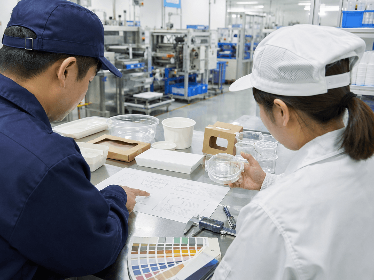 仕様書と製品サンプルを照らし合わせて確認する担当者