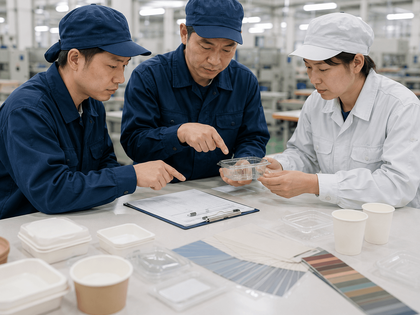 関係者が集まり品質上の問題の内容と対応方針を確認する様子